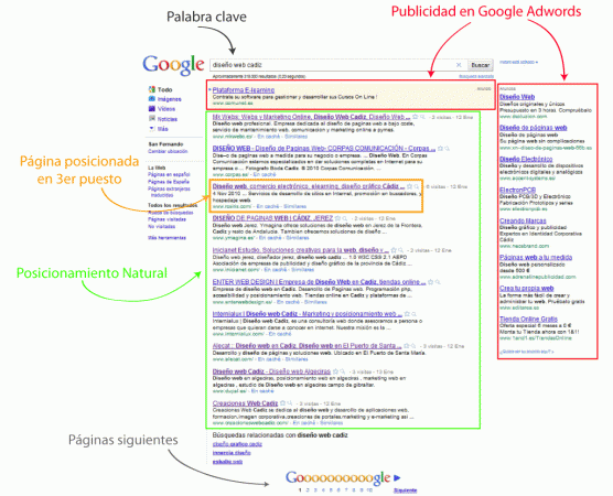 Captura de Captura de Google donde se muestran resultados por posicionamiento natural y publicidad